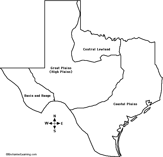 4 Regionen von Texas, Übersichtskarte beschriftet