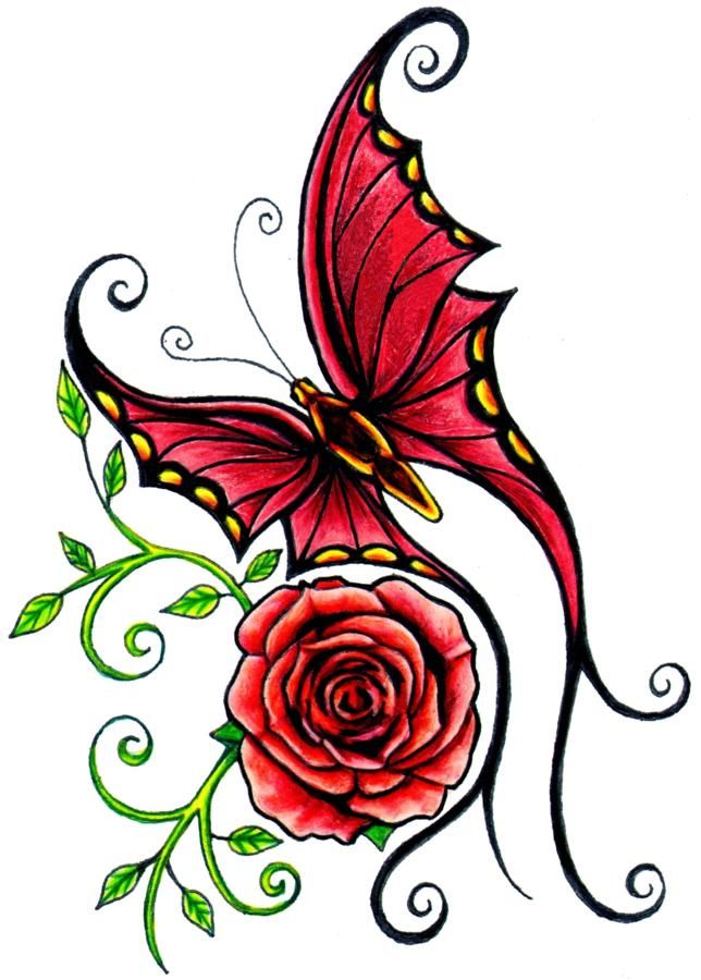 jednoduché tetovanie s ružou a motýľmi - Artistic Rose and